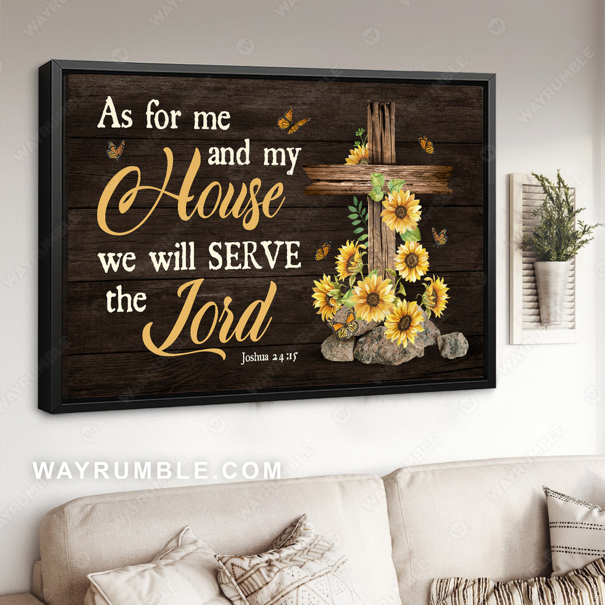 Cross symbol, Sunflower vase, Monarch butterfly, As for me and my house - Jesus Landscape Canvas Prints, Home Decor Wall Art