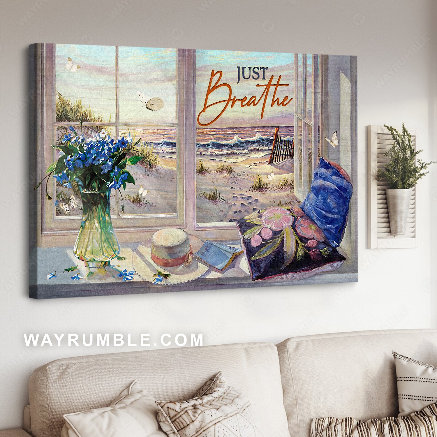 Pretty beach view, Blue flower, Colorful sunset, Just breathe - Jesus Landscape Canvas Prints, Christian Wall Art