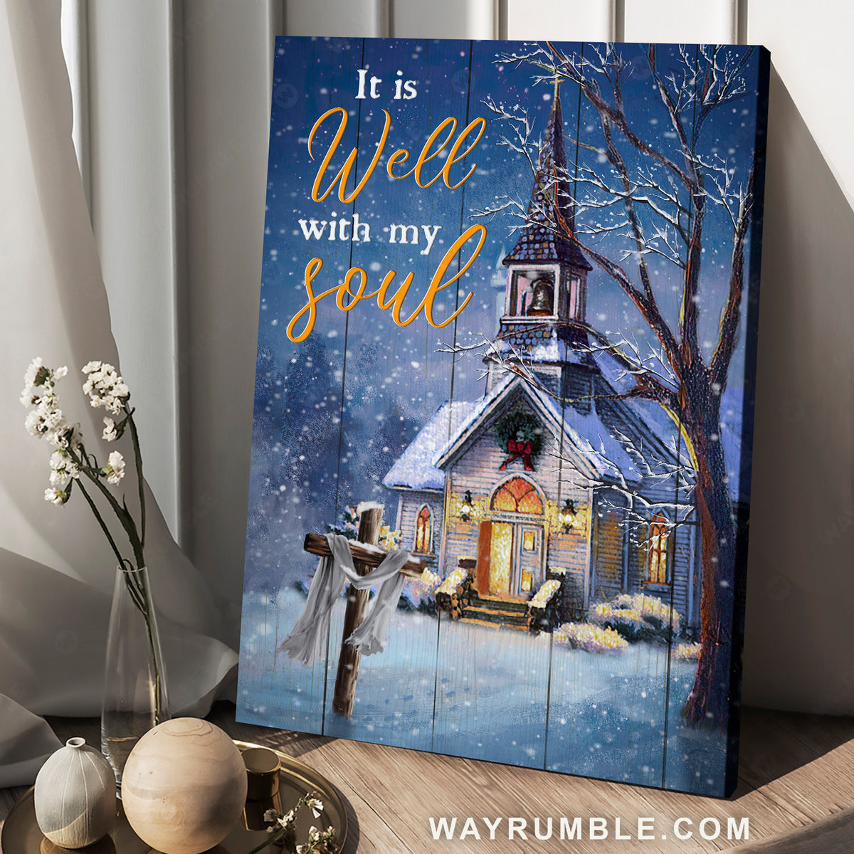 Peace church, Blue night, Winter drawing, It is well with my soul - Jesus Portrait Canvas Prints, Home Decor Wall Art