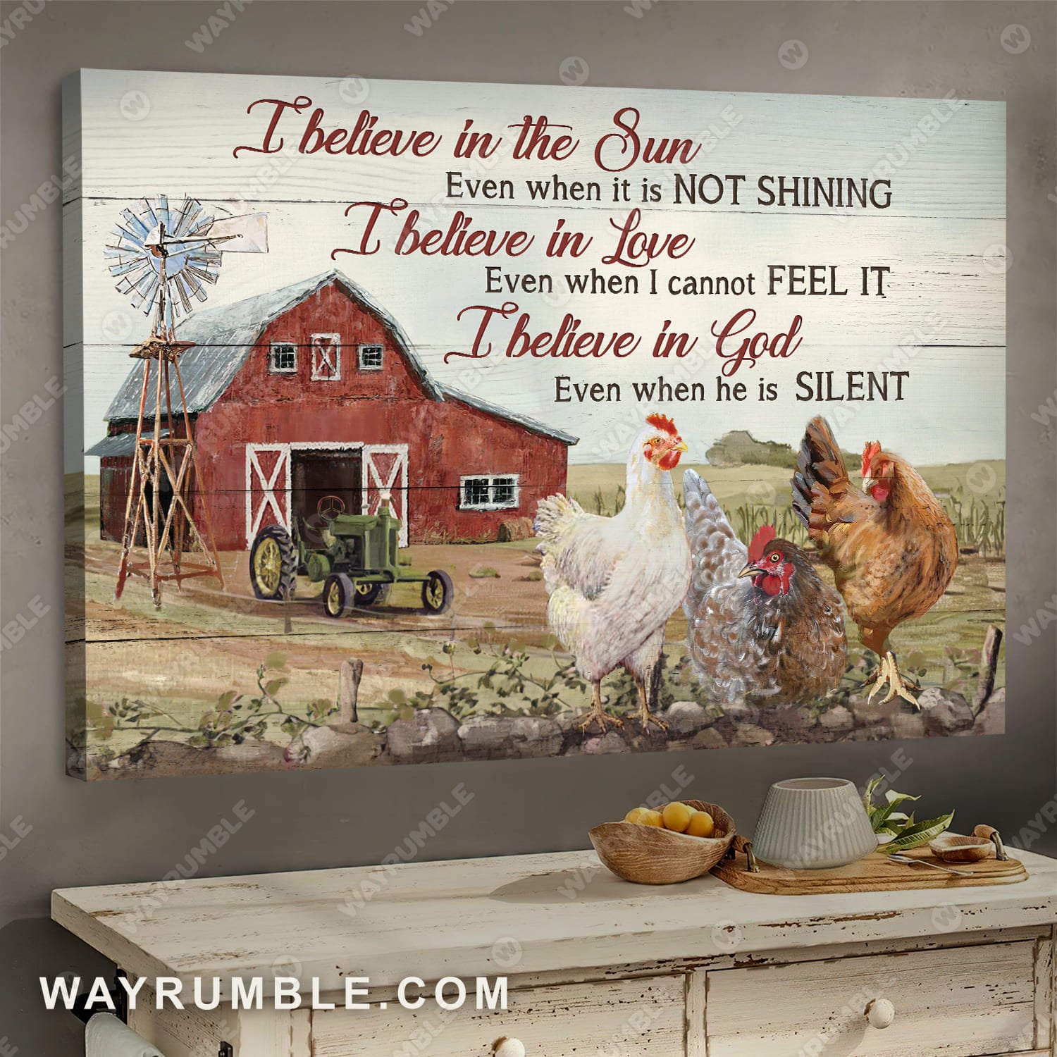 Chicken farm, Vintage house painting, I believe in God even when he is silent - Jesus Landscape Canvas Prints, Wall Art