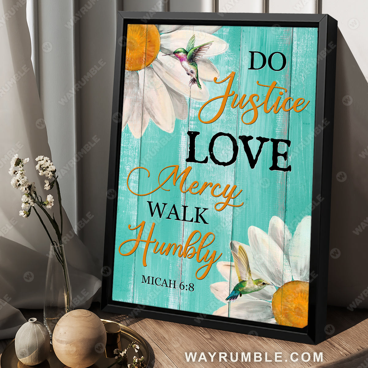 Watercolor daisy, Mint background, Do justice, Love mercy, Walk humbly - Jesus Portrait Canvas Prints, Christian Wall Art