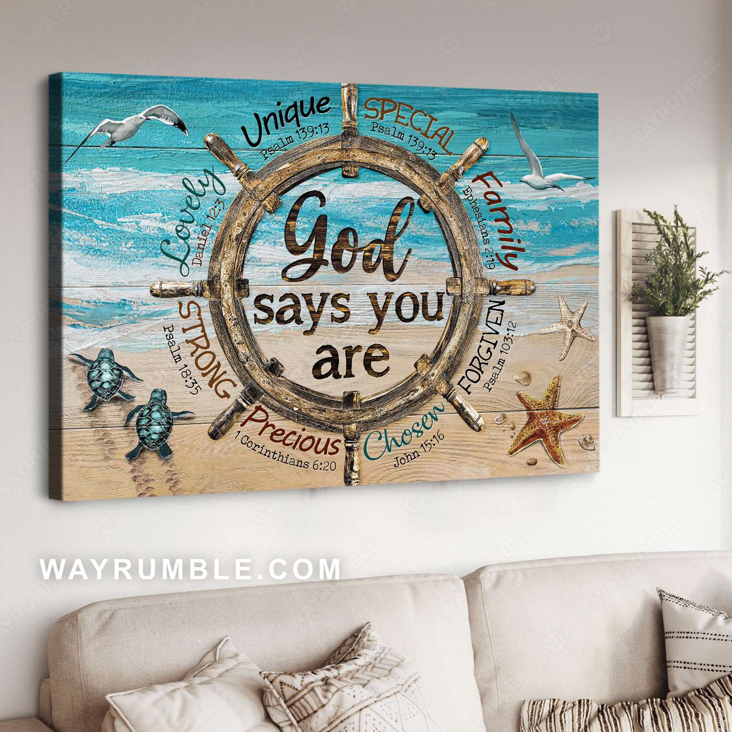 Ship wheel, Sea turtle, Starfish drawing, Flying seagull, Gods says you are special - Jesus Landscape Canvas Prints, Christian Wall Art