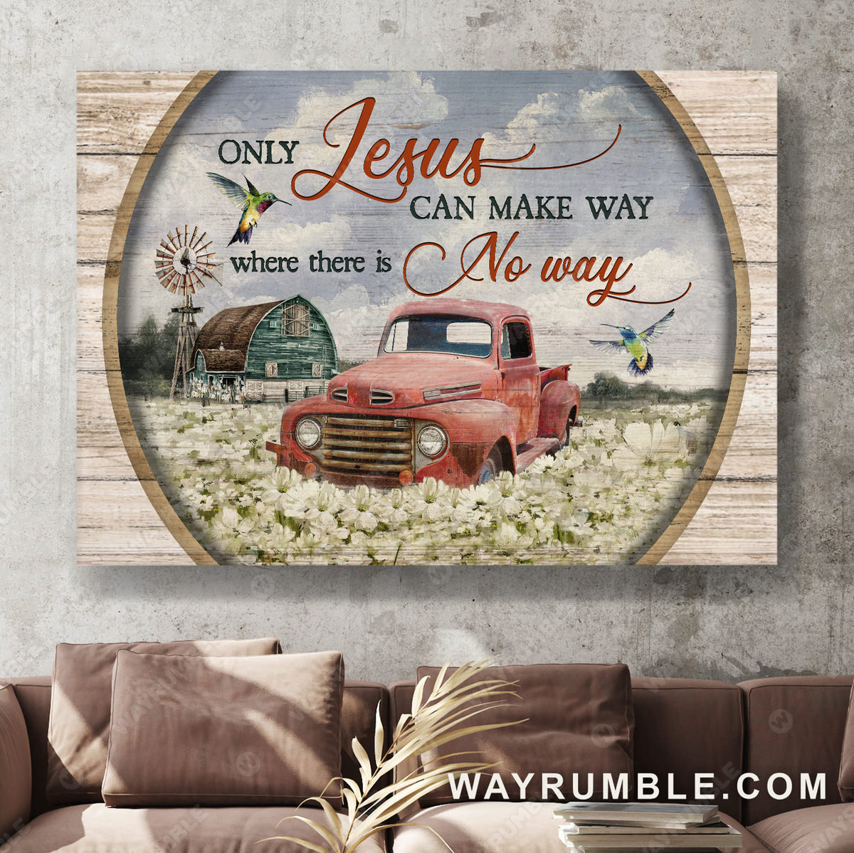 Red vintage car, White flower field, Wooden circle, Only Jesus can make way where there is no way - Jesus Landscape Canvas Prints, Wall Art