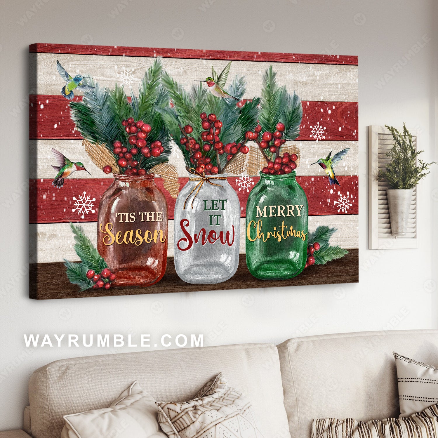 Watercolor cranberry, Colorful hummingbird, 'Tis the season, Let it snow - Jesus Landscape Canvas Prints, Home Decor Wall Art