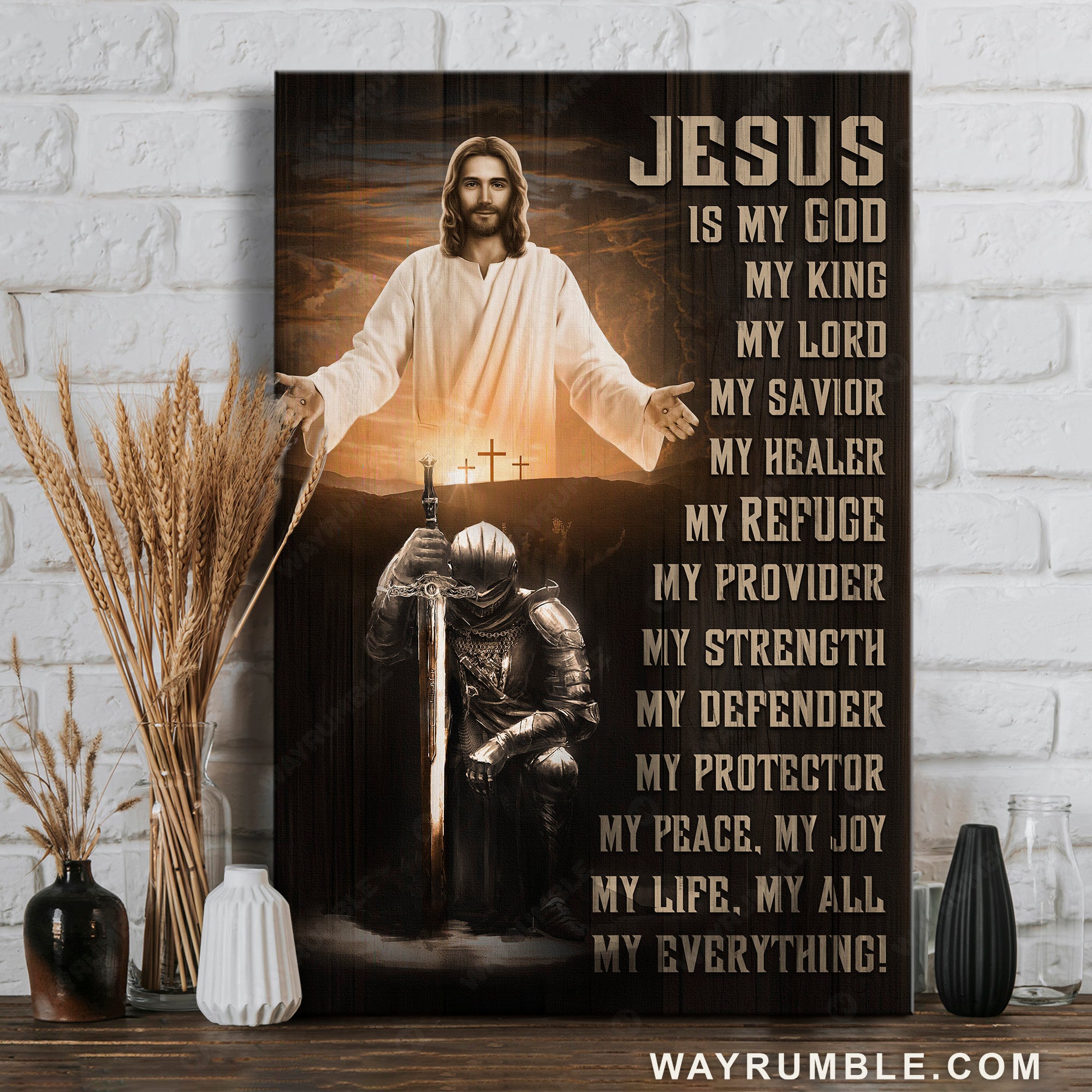 Jesus Christ, Warrior, Cross symbol, Black background, Jesus is my God - Jesus Portrait Canvas Prints, Christian Wall Art