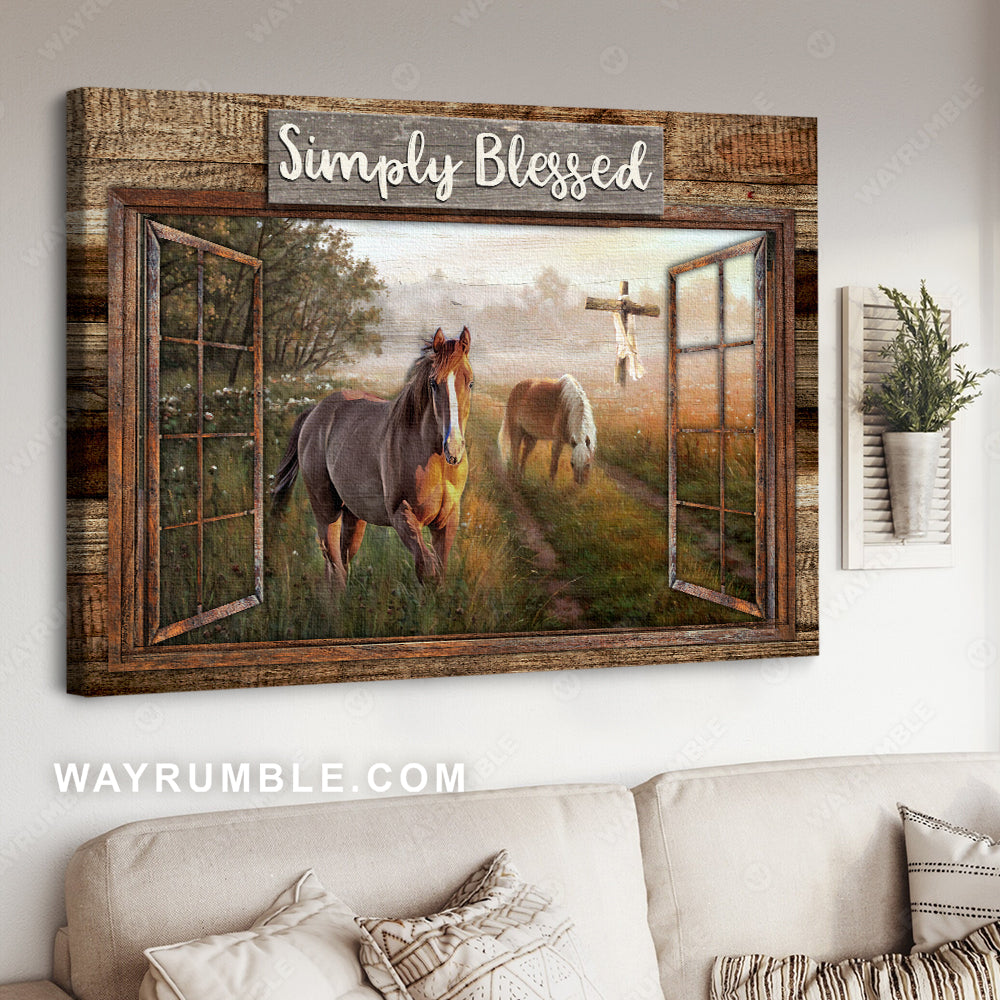 Dream horses, Green meadow land, Countryside painting, Simply blessed - Jesus Landscape Canvas Prints, Christian Wall Art