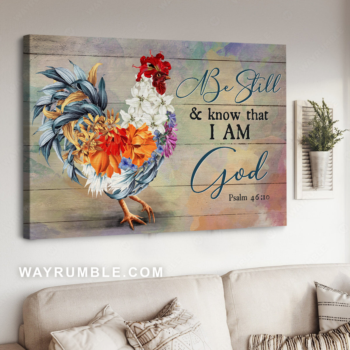 Rooster, Flower art, White lily, Hibiscus flower, Be still I am God - Jesus Landscape Canvas Prints, Christian Wall Art