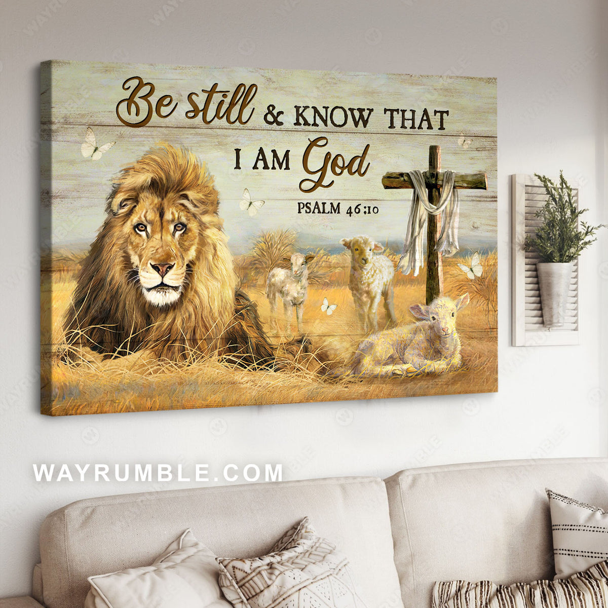 Lion of Judah, Lamb Jesus, Wooden cross, Be still I am God - Jesus Landscape Canvas Prints, Christian Wall Art