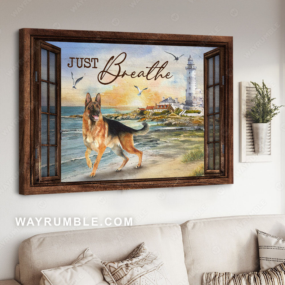 German shepherd dog, Blue ocean, Lighthouse painting, Just breathe - Jesus Landscape Canvas Prints, Christian Wall Art