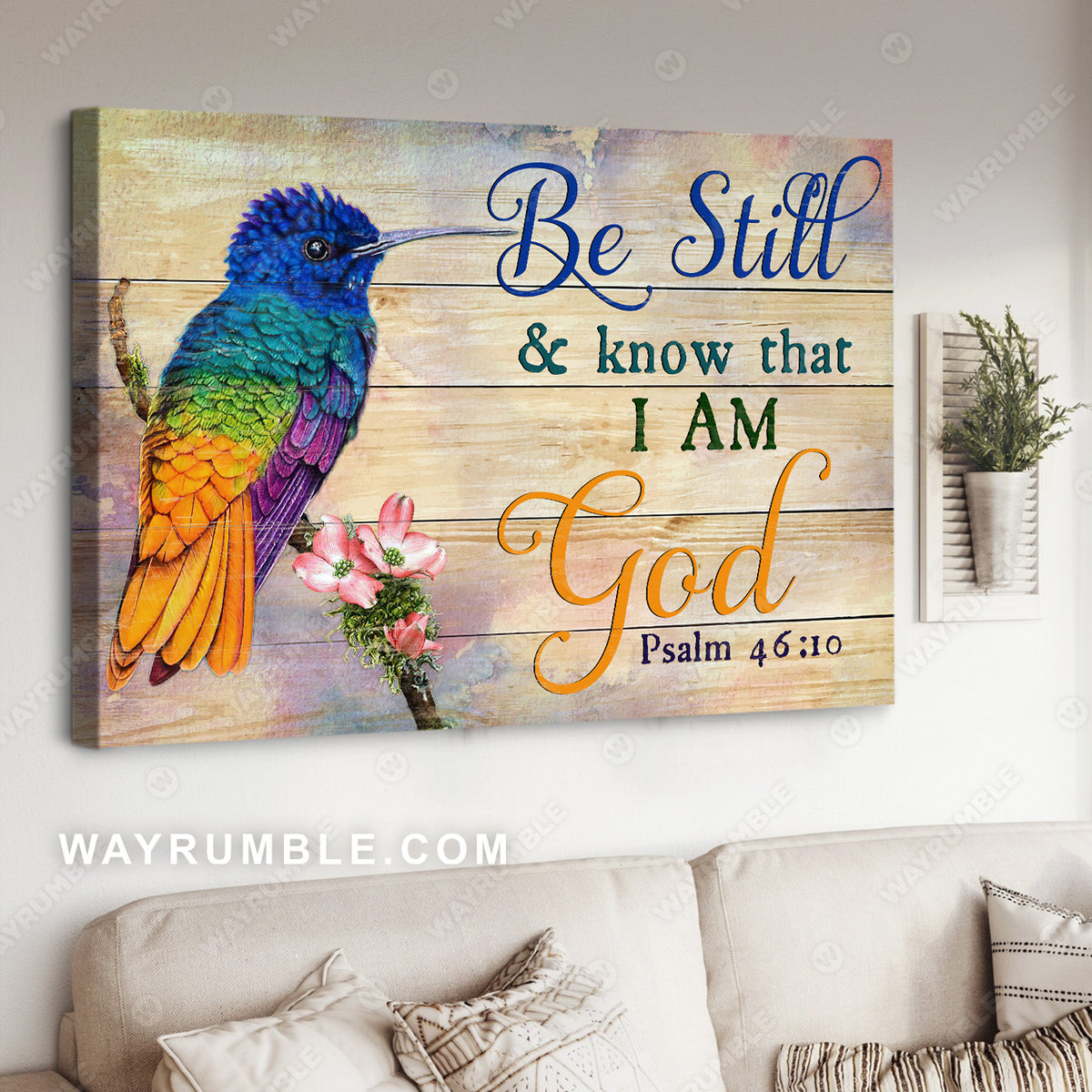 Colorful hummingbird, Pink flower, Be still and know that I am God - Jesus Landscape Canvas Prints, Christian Wall Art