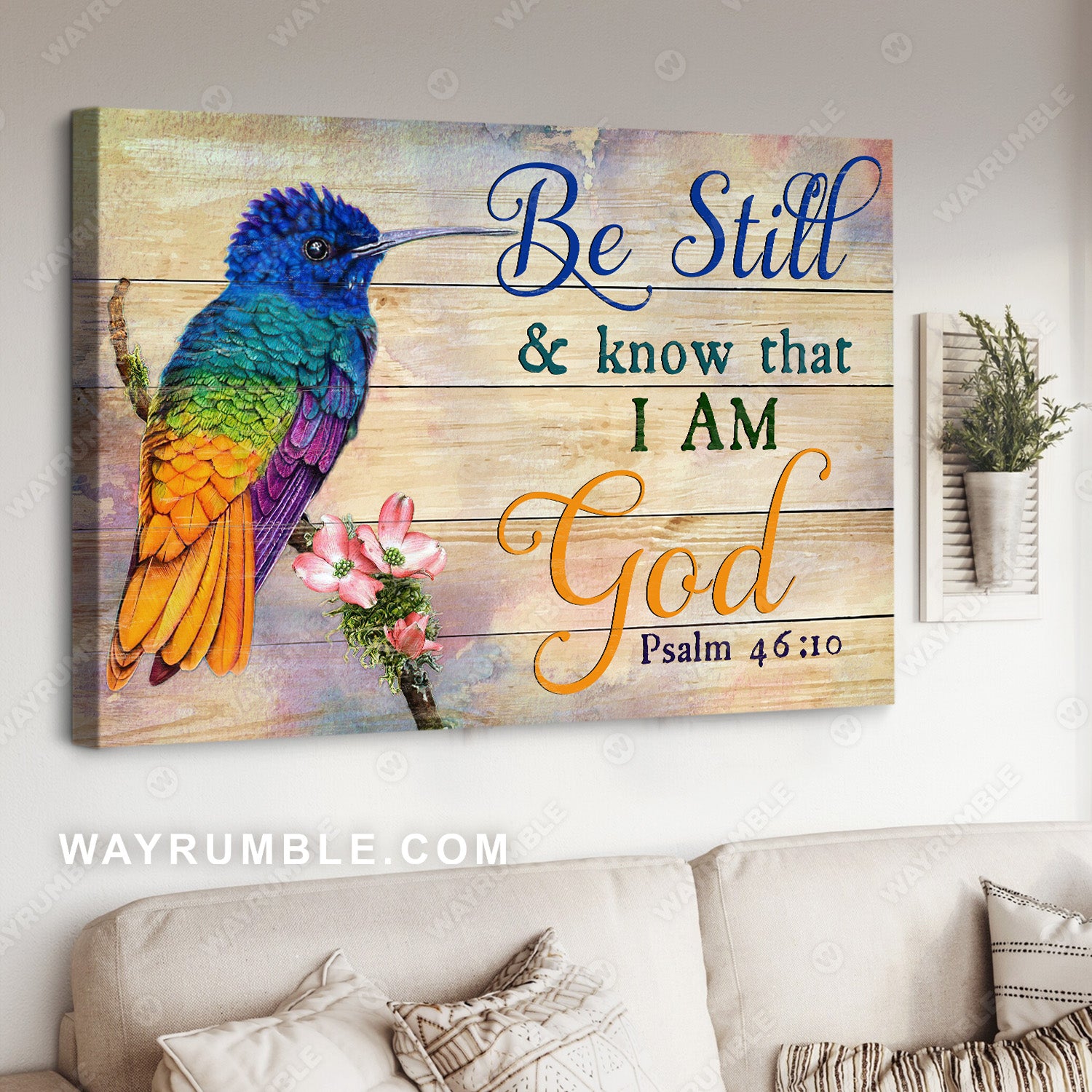Colorful hummingbird, Pink flower, Be still and know that I am God - Jesus Landscape Canvas Prints, Christian Wall Art