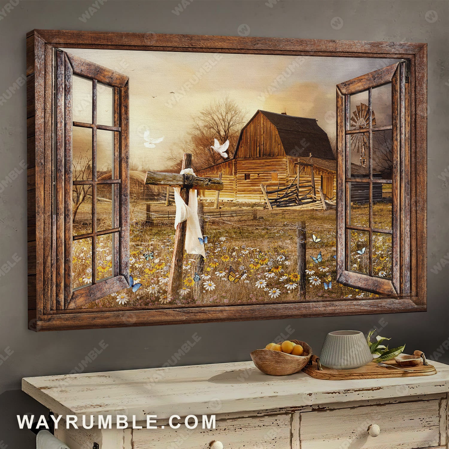 Countryside landscape, Old barn painting, Wooden cross, The beautiful sunset - Jesus Landscape Canvas Prints, Wall Art