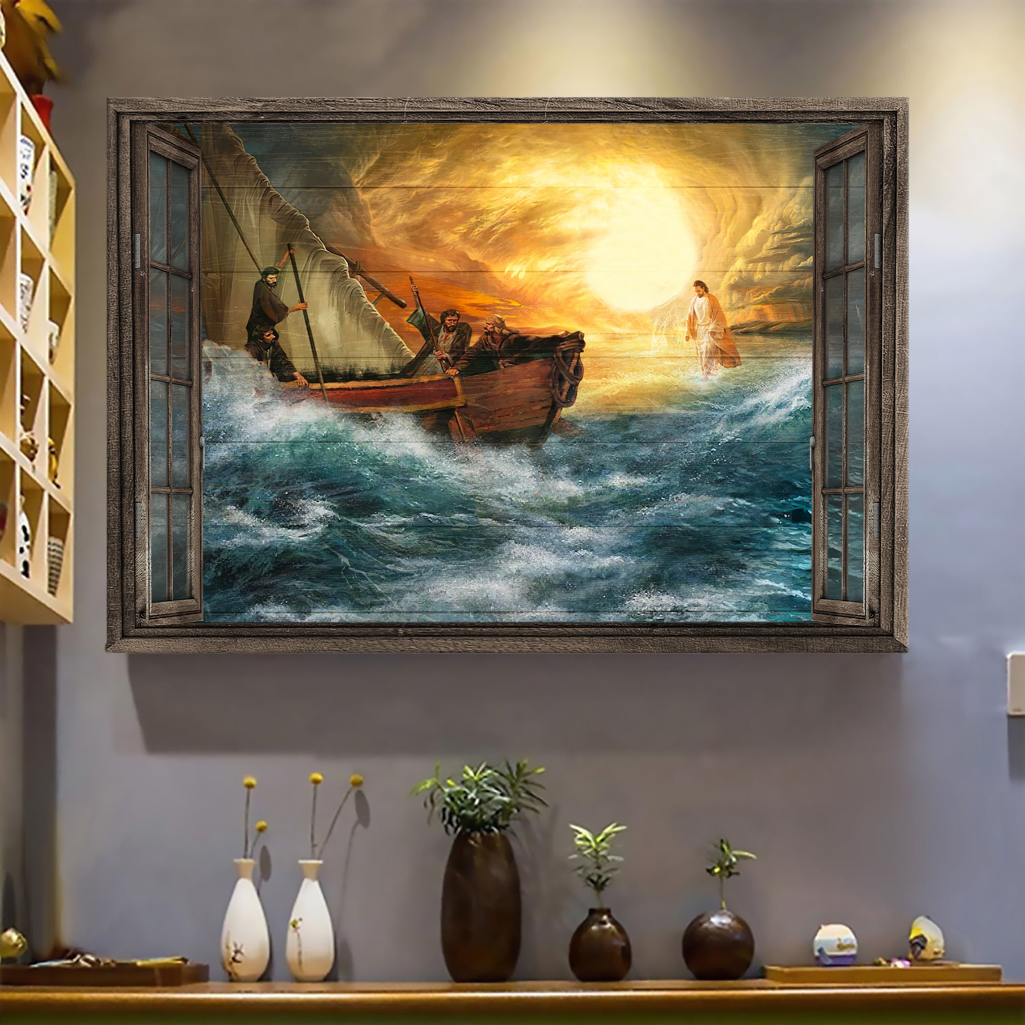 Blue ocean, Jesus halo, God guides us through storm - Jesus Landscape Canvas Prints, Wall Art