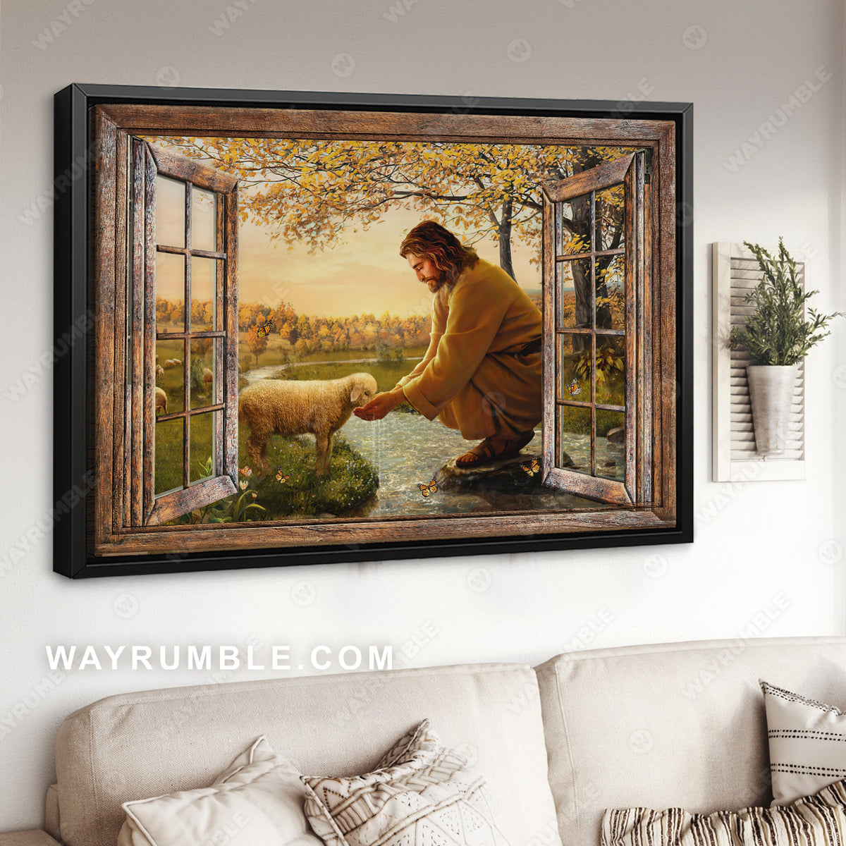 Jesus painting, Lamb of God, Meadow landscape, Jesus anf the lamb by the river - Jesus Landscape Canvas Prints, Christian Wall Art