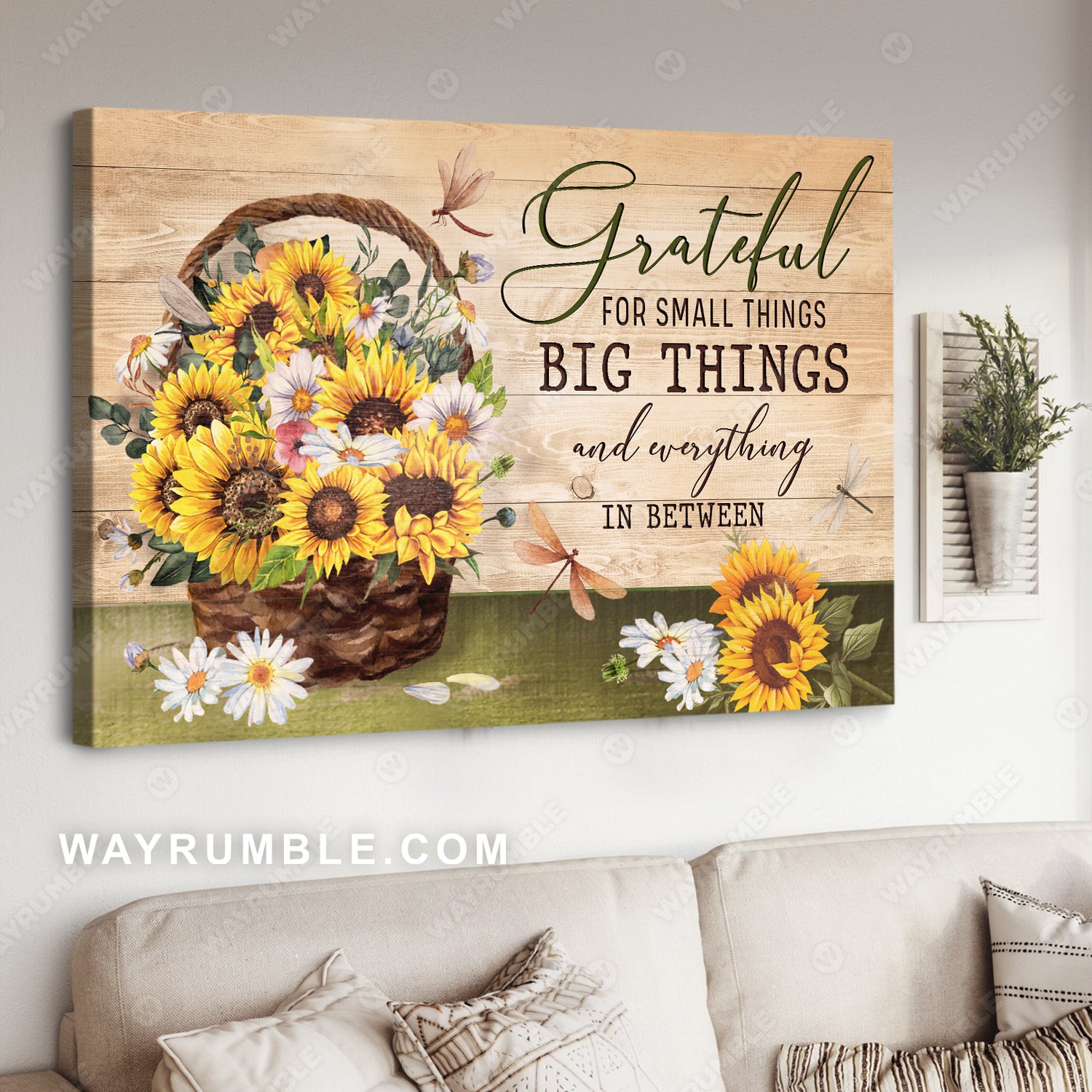 Sunflower basket, Vintage flower, Dragonfly, Grateful for everything - Jesus Landscape Canvas Prints, Christian Wall Art