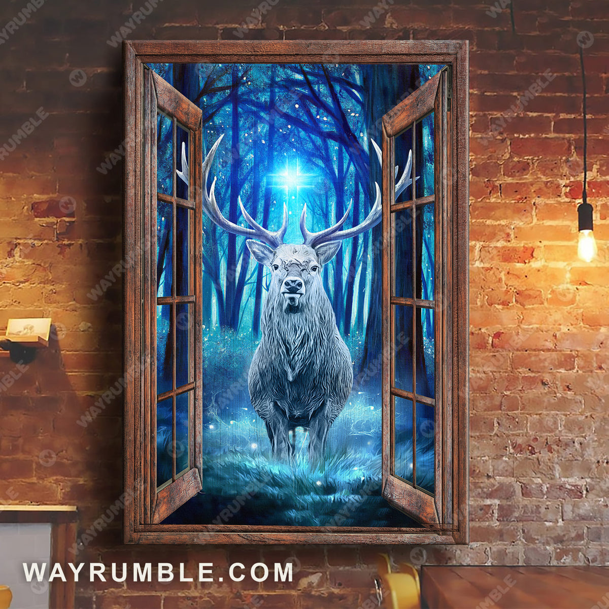Reindeer artwork, Night forest, Cross light, Window frame, Into the wood - Jesus Portrait Canvas Prints, Wall Art