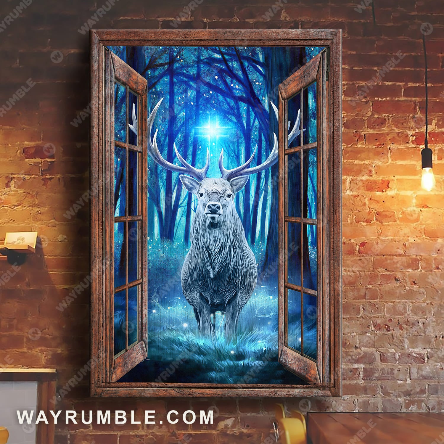 Reindeer artwork, Night forest, Cross light, Window frame, Into the wood - Jesus Portrait Canvas Prints, Wall Art