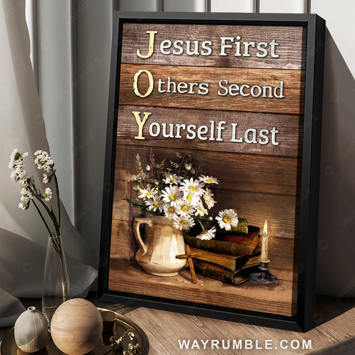 Daisy flower vase, The Bible, Still life painting, Jesus first, Others second, Jesus Portrait Canvas Prints, Christian Wall Art