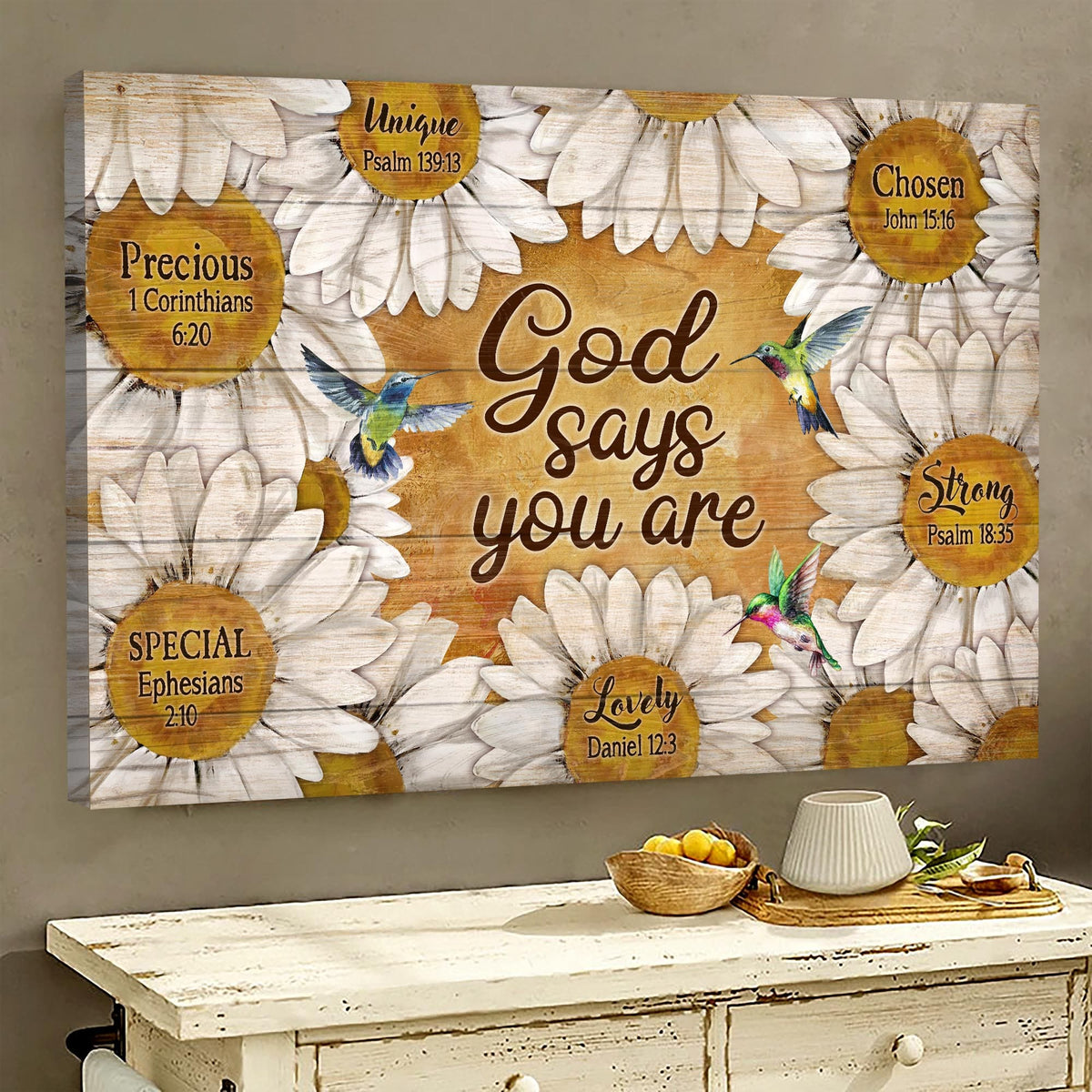Daisy, Hummingbird, Flower - God says you are Jesus Landscape Canvas Prints, Wall Art