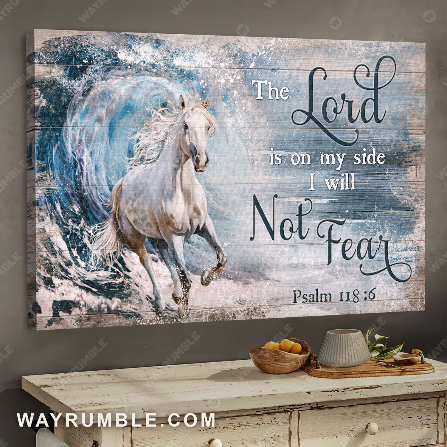 White horse painting, Running on water, Ocean wave, The lord is on my side, I will not fear - Jesus Landscape Canvas Prints, Wall Art