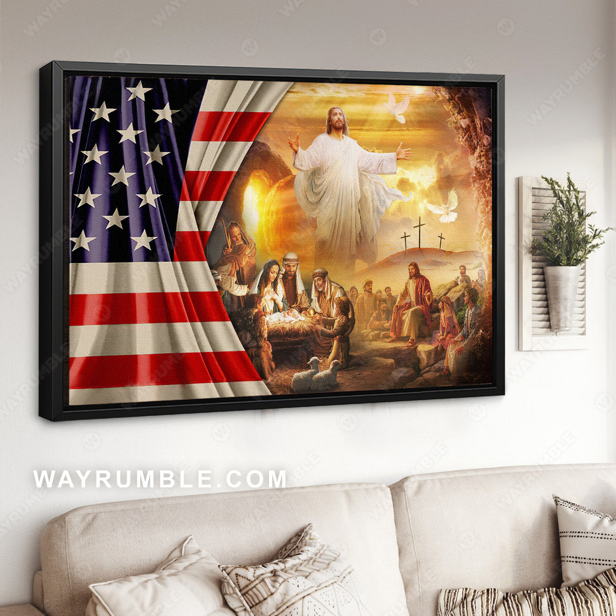 Jesus Christ, Cross symbol, US flag, The Lamb of God, Tomb of Jesus - Jesus Landscape Canvas Prints, Christian Wall Art