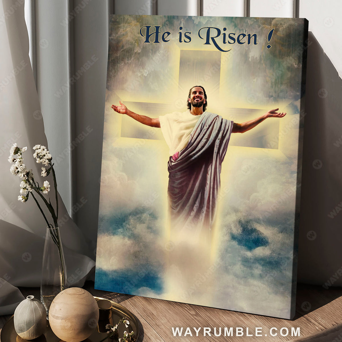 Jesus painting, Blue sky, The cross light, He is risen - Jesus Portrait Canvas Prints, Christian Wall Art