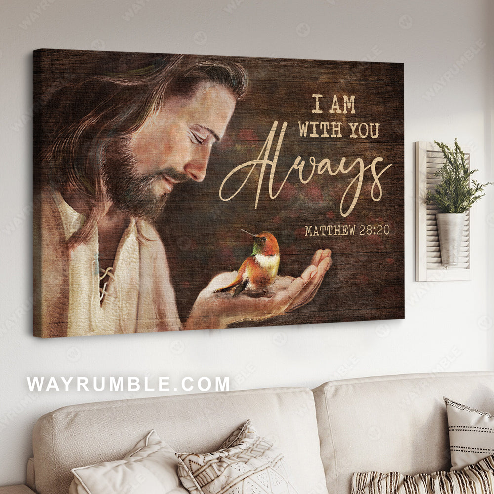 The hummingbird, Jesus painting, In he hand of Jesus, I am with you always - Jesus Landscape Canvas Prints, Christian Wall Art