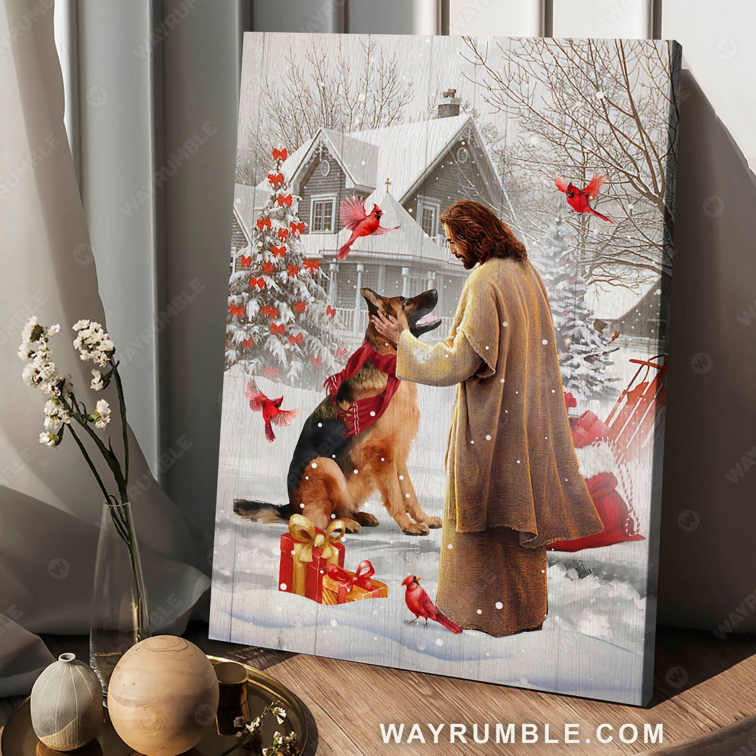 German Shepherd, Jesus Painting, Winter garden, Meeting with Jesus - Jesus Portrait Canvas Prints, Christian Wall Art