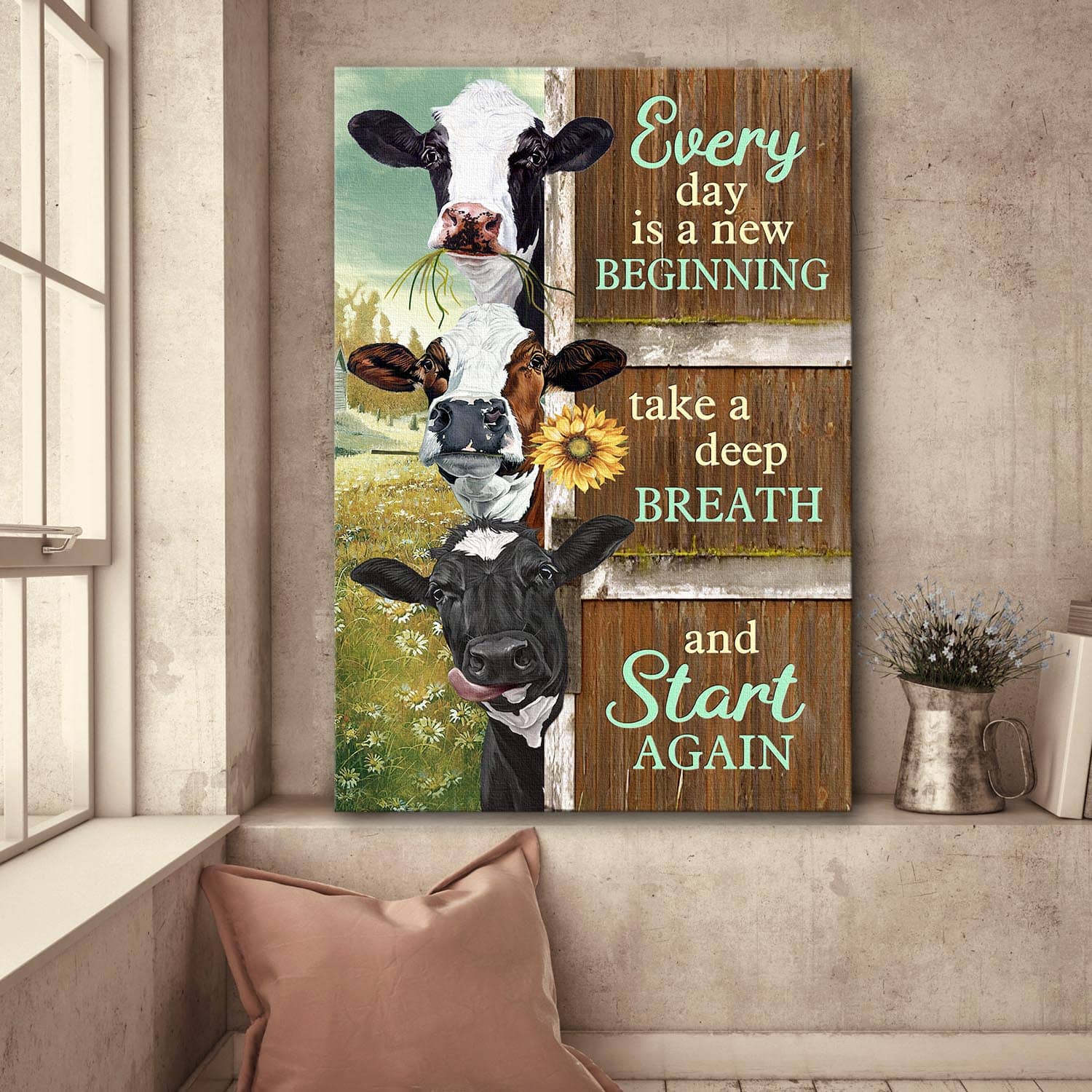 Cow on farm, Every day is a new beginning - Jesus Portrait Canvas Prints, Wall Art