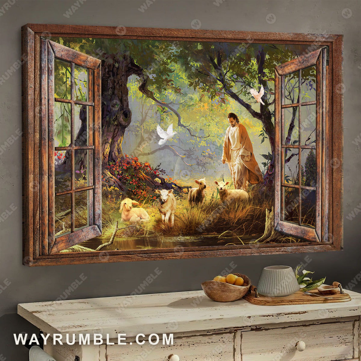 Lambs painting, Walking with Jesus, Into the forest, Spring forest, Window frame - Jesus Landscape Canvas Prints, Wall Art