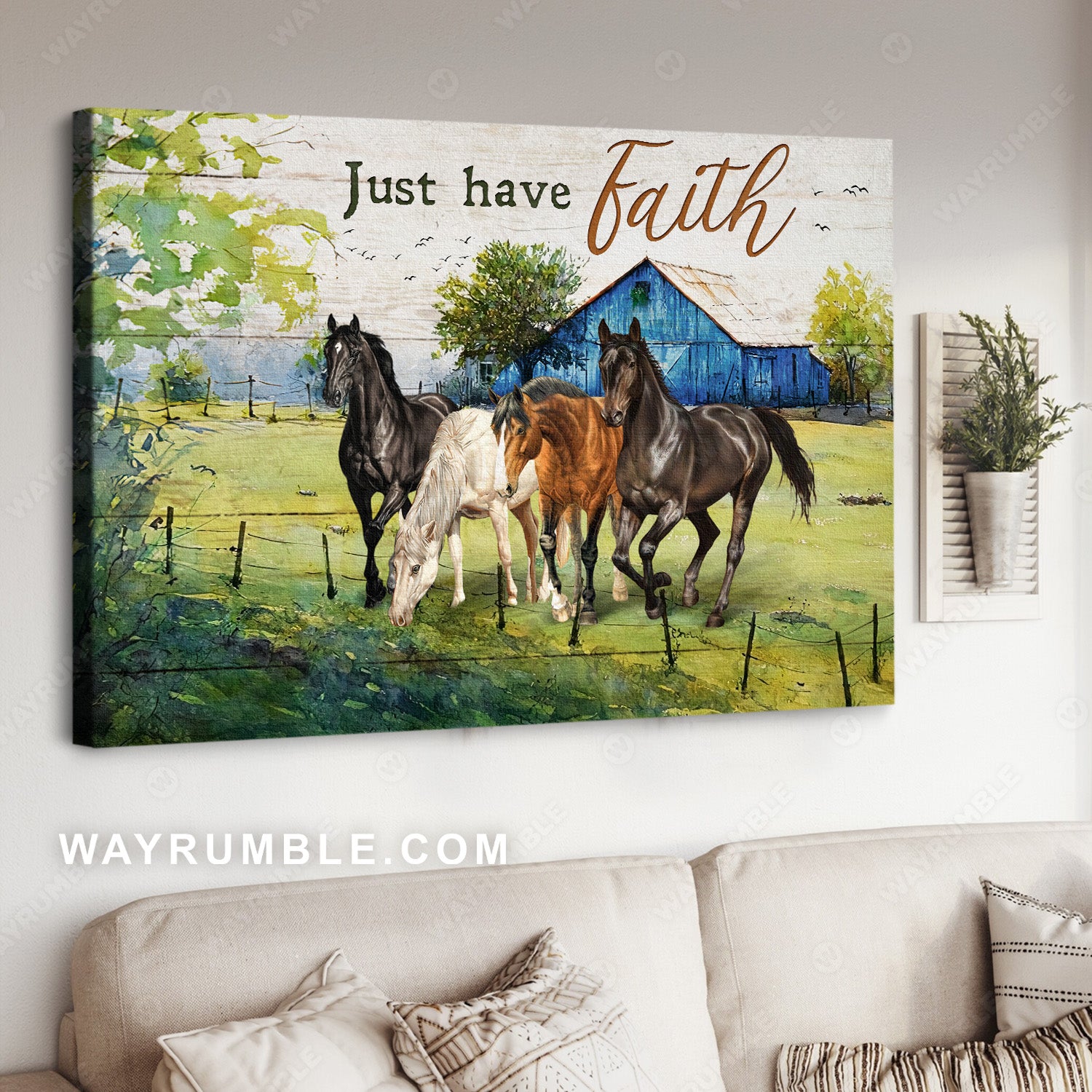 Horse painting, Old barn house, On the green field, Just have faith - Jesus Landscape Canvas Prints, Christian Wall Art