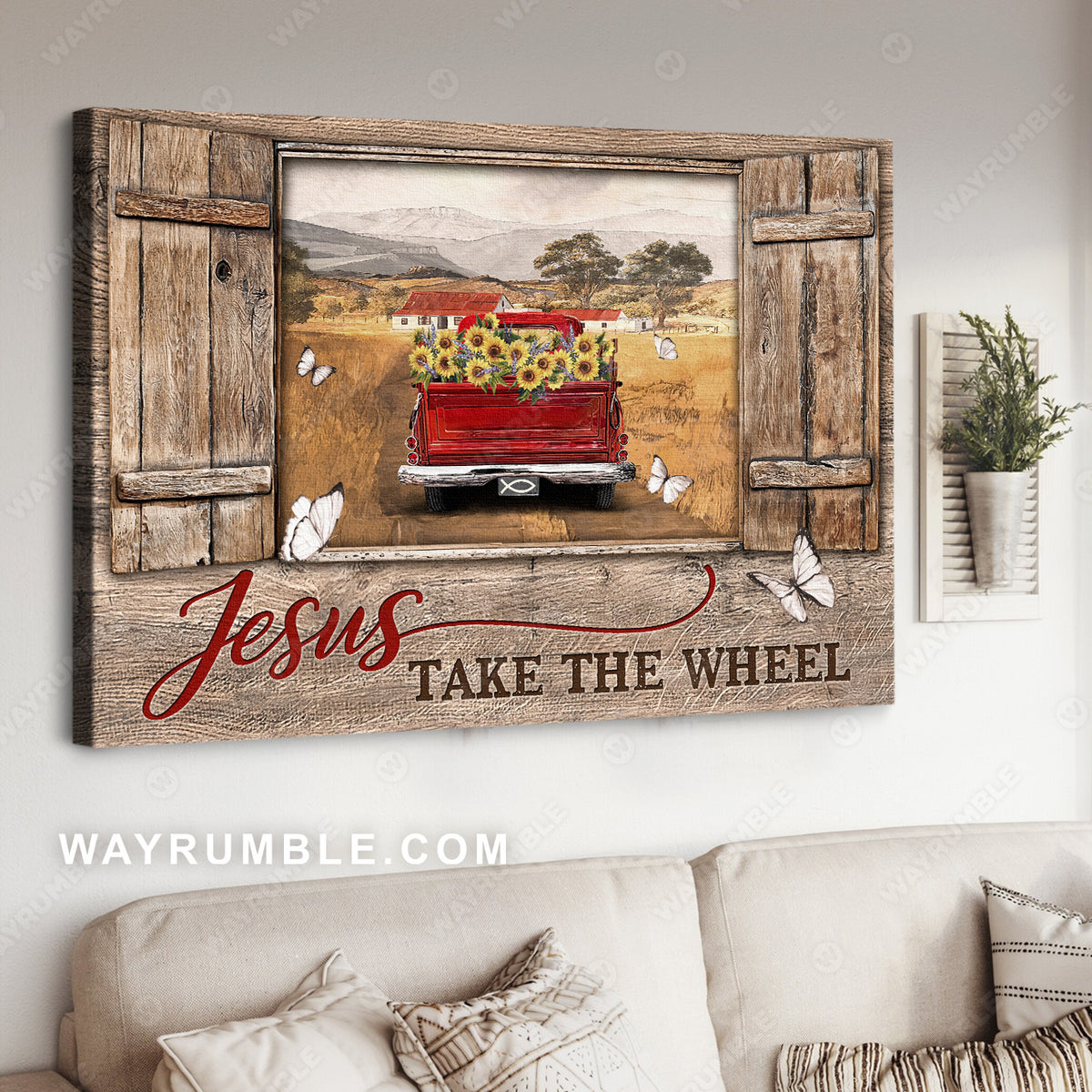 Red truck painting, Window frame, Countryside landscape, Vintage village, Jesus take the wheel - Jesus Landscape Canvas Prints, Christian Wall Art