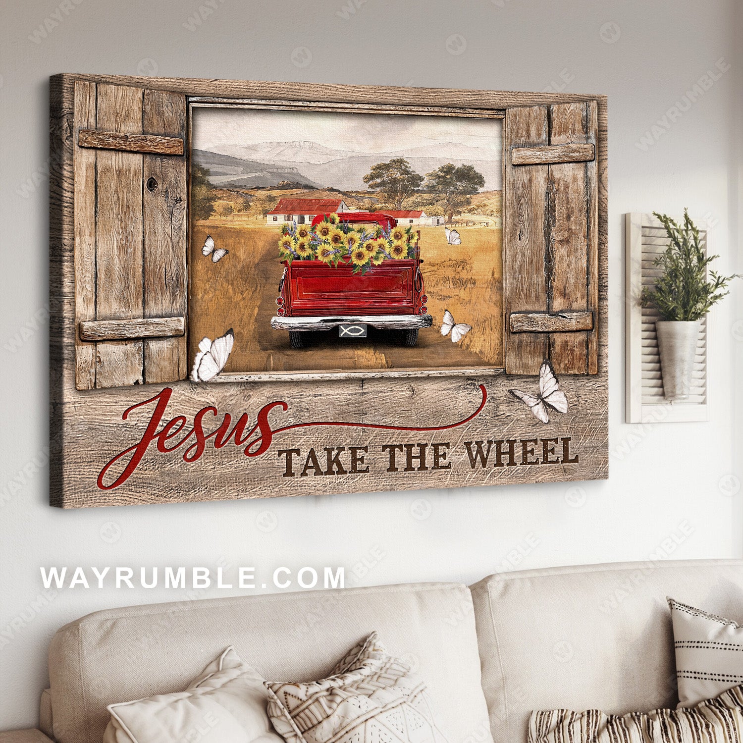 Red truck painting, Window frame, Countryside landscape, Vintage village, Jesus take the wheel - Jesus Landscape Canvas Prints, Christian Wall Art
