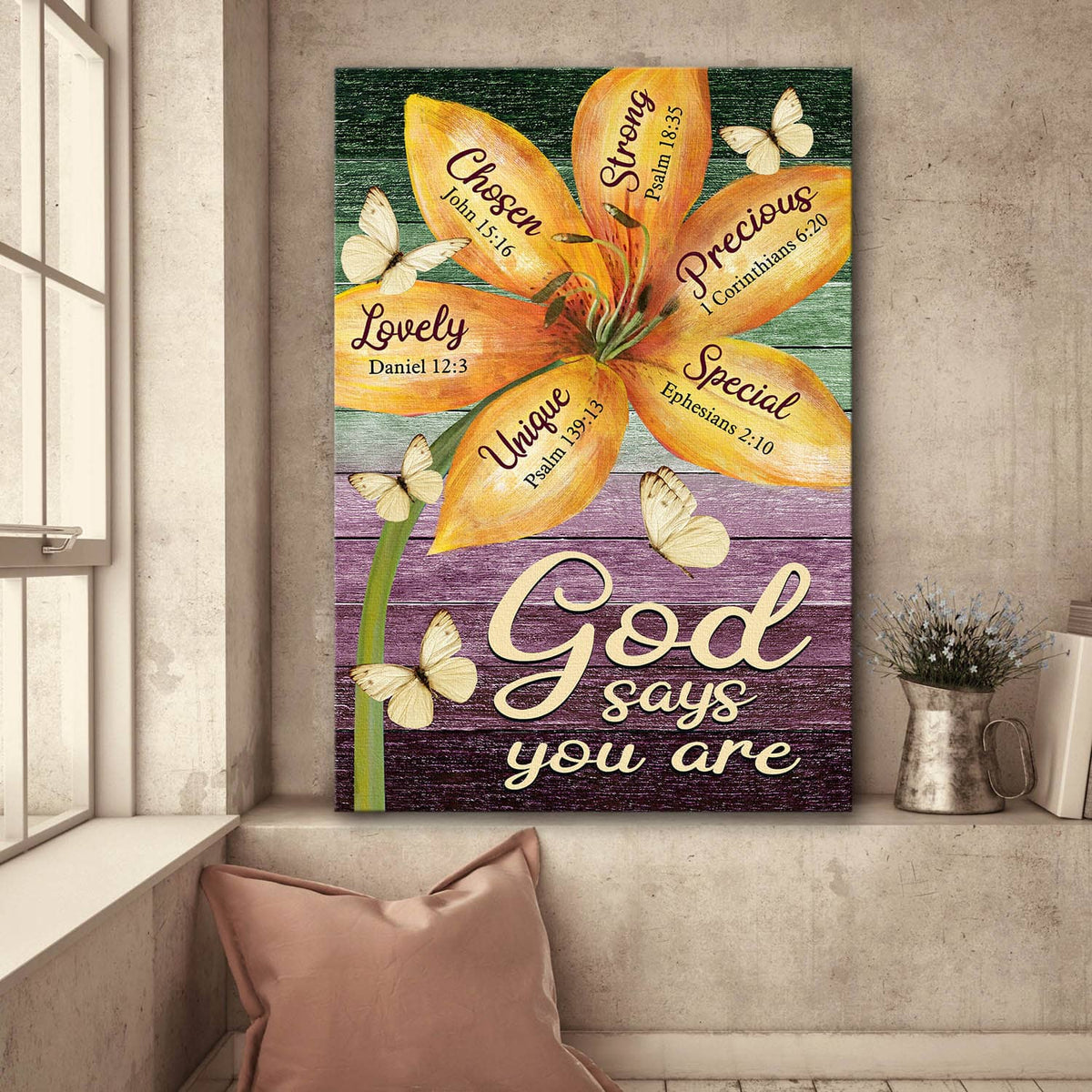 Lily Flower, Butterfly, Purple background, God says you are - Jesus Portrait Canvas Prints, Wall Art