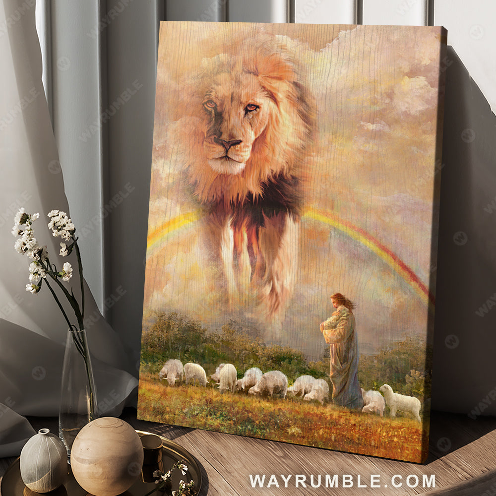 Jesus painting, Lion of Judah, Walking with the lambs of God, A peaceful day - Jesus Portrait Canvas Prints, Christian Wall Art