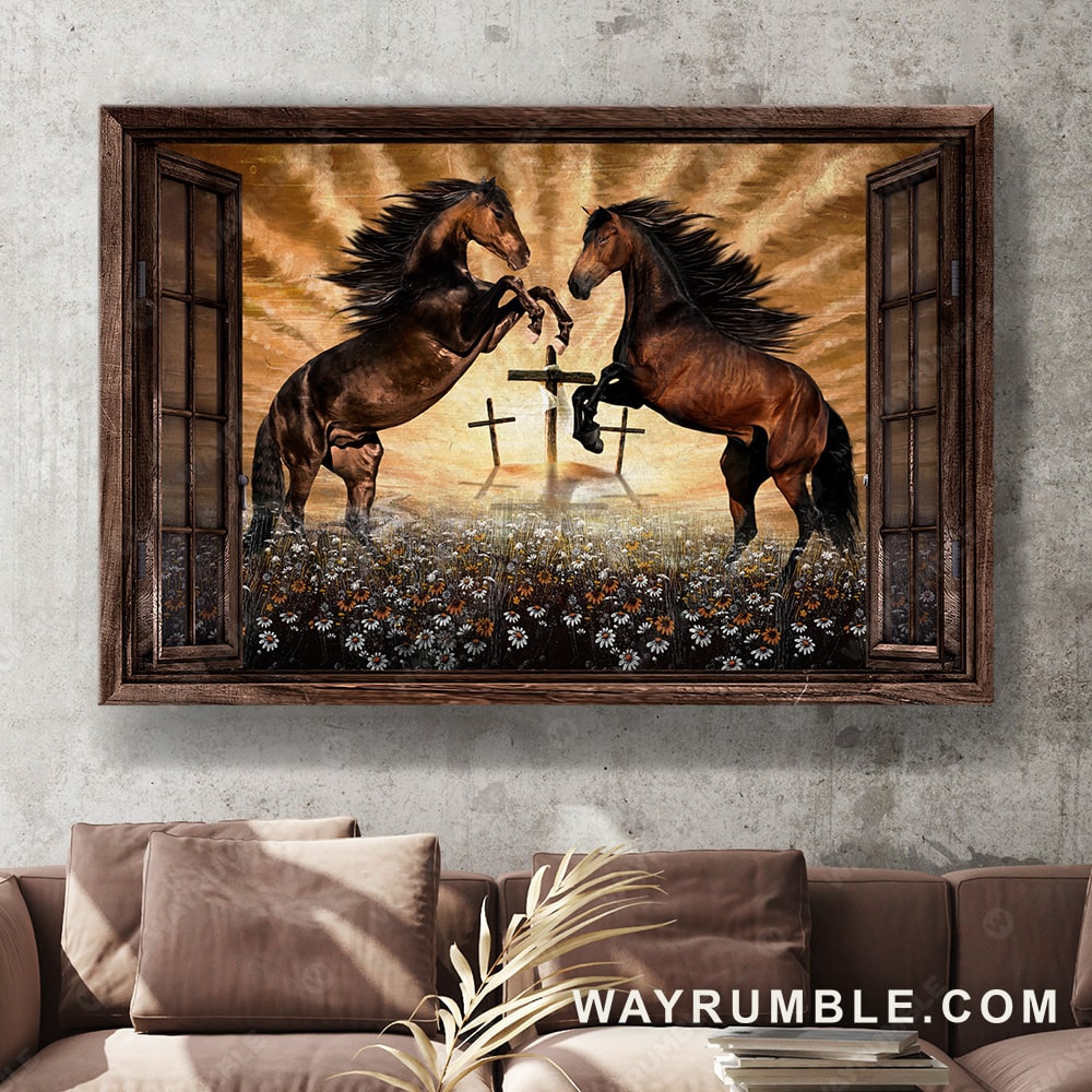 Horse painting, The three crosses, On the flower field, The two amazing black horse - Jesus Landscape Canvas Prints, Christian Wall Art