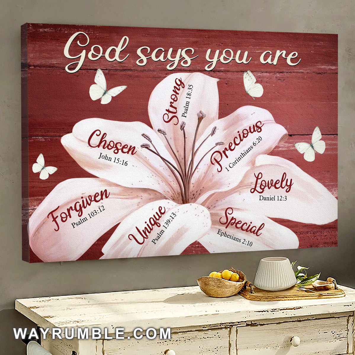 Lily Flower, Butterfly, Crimson background, God says you are - Jesus Landscape Canvas Prints, Wall Art