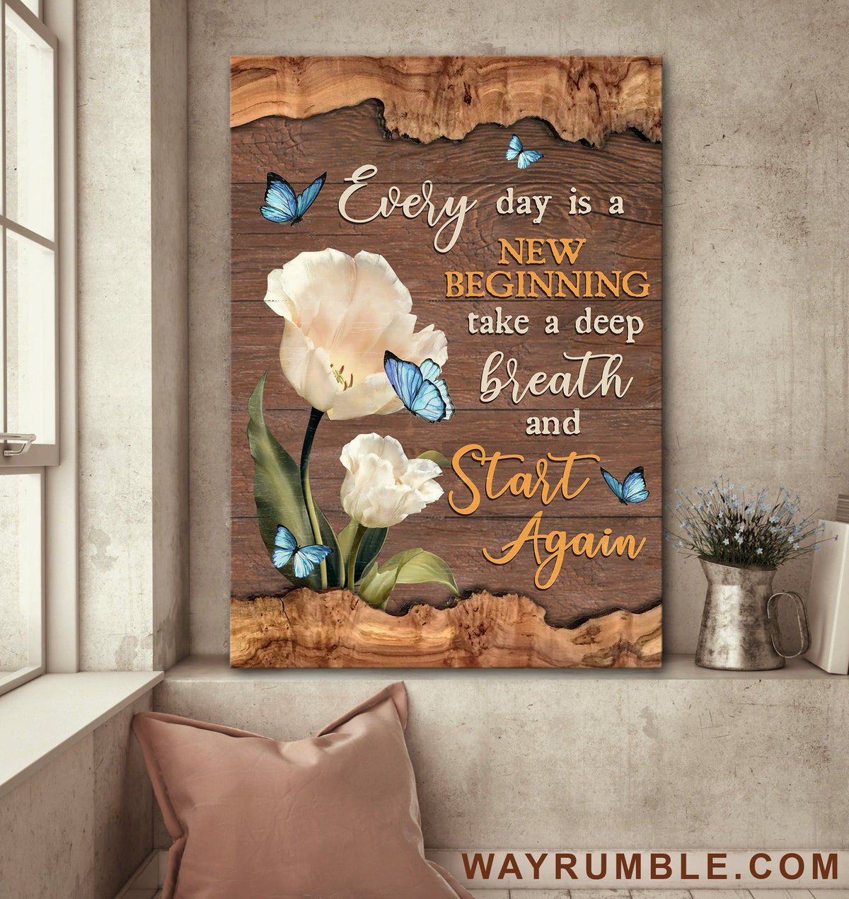 Blue butterfly, White Tulip, Every day is a new beginning - Jesus Portrait Canvas Prints, Wall Art