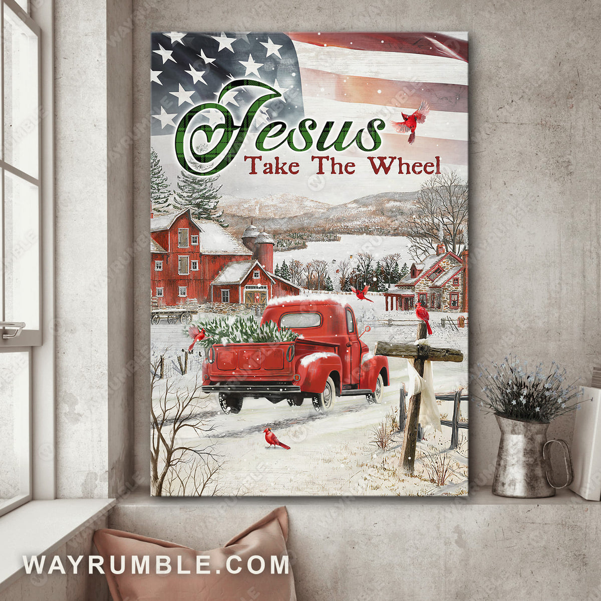 Red truck, US flag, Winter village, Jesus take the wheel - Jesus Portrait Canvas Prints, Wall Art