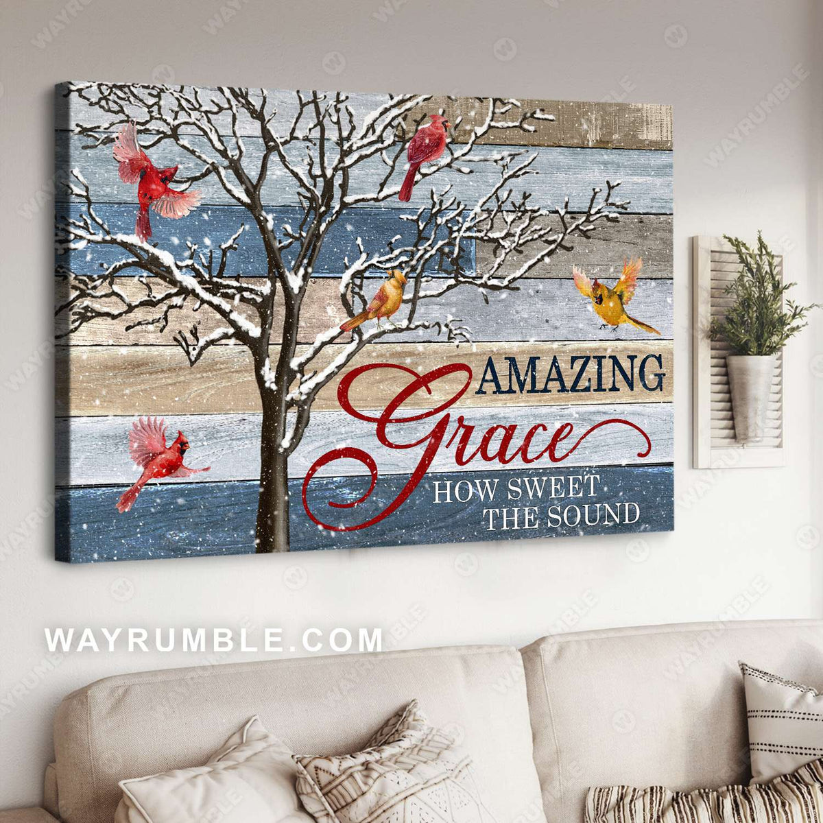Cardinal painting, Winter tree, Wooden background, Amazing grace, How sweet the sound - Jesus Landscape Canvas Prints, Christian Wall Art