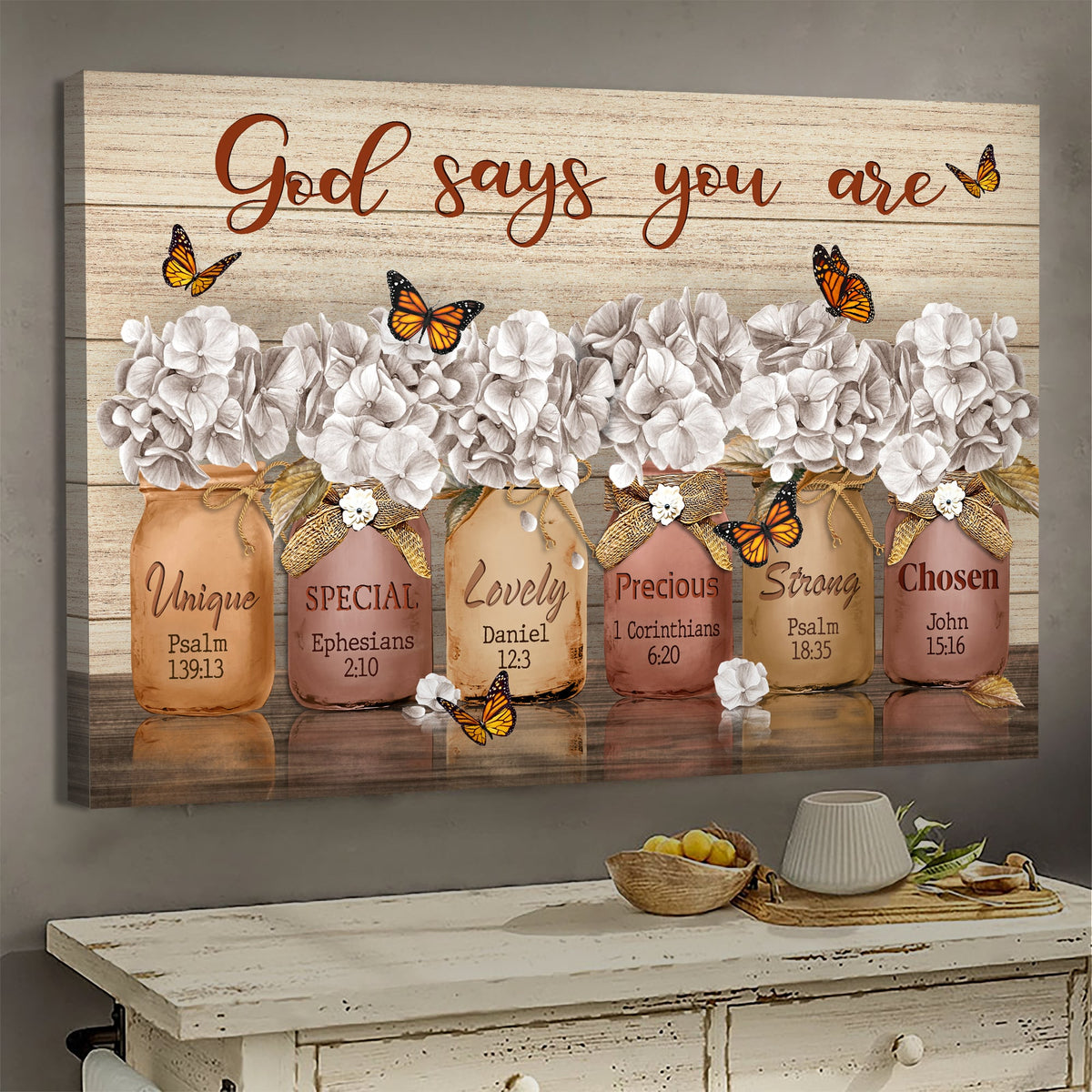White hydrangea jars, Butterfly, God says you are - Jesus Landscape Canvas Prints, Wall Art