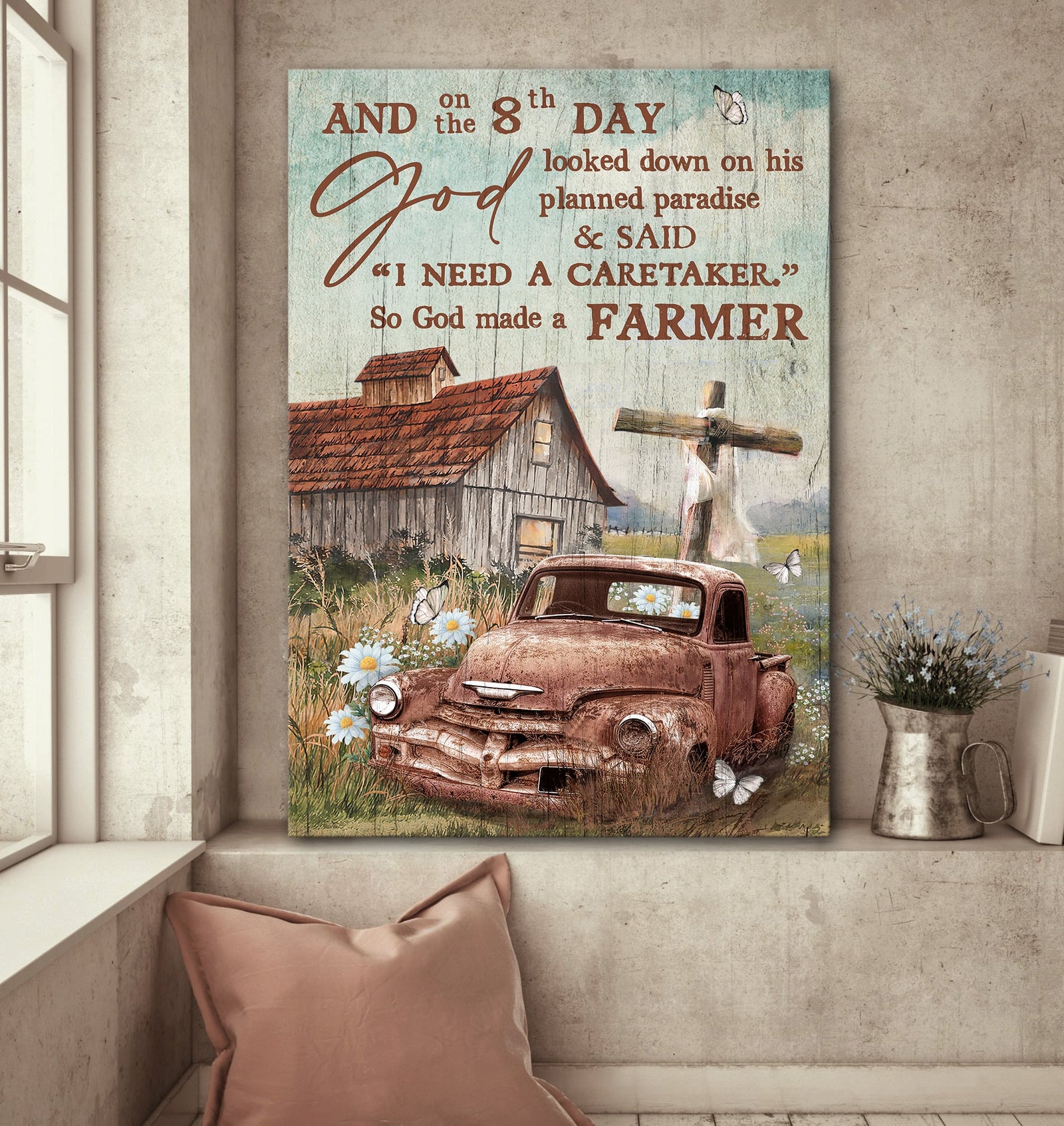 Old truck, Wooden Cross, Tranquil farm, God need a caretaker so he made a farmer - Jesus Portrait Canvas Prints, Wall Art