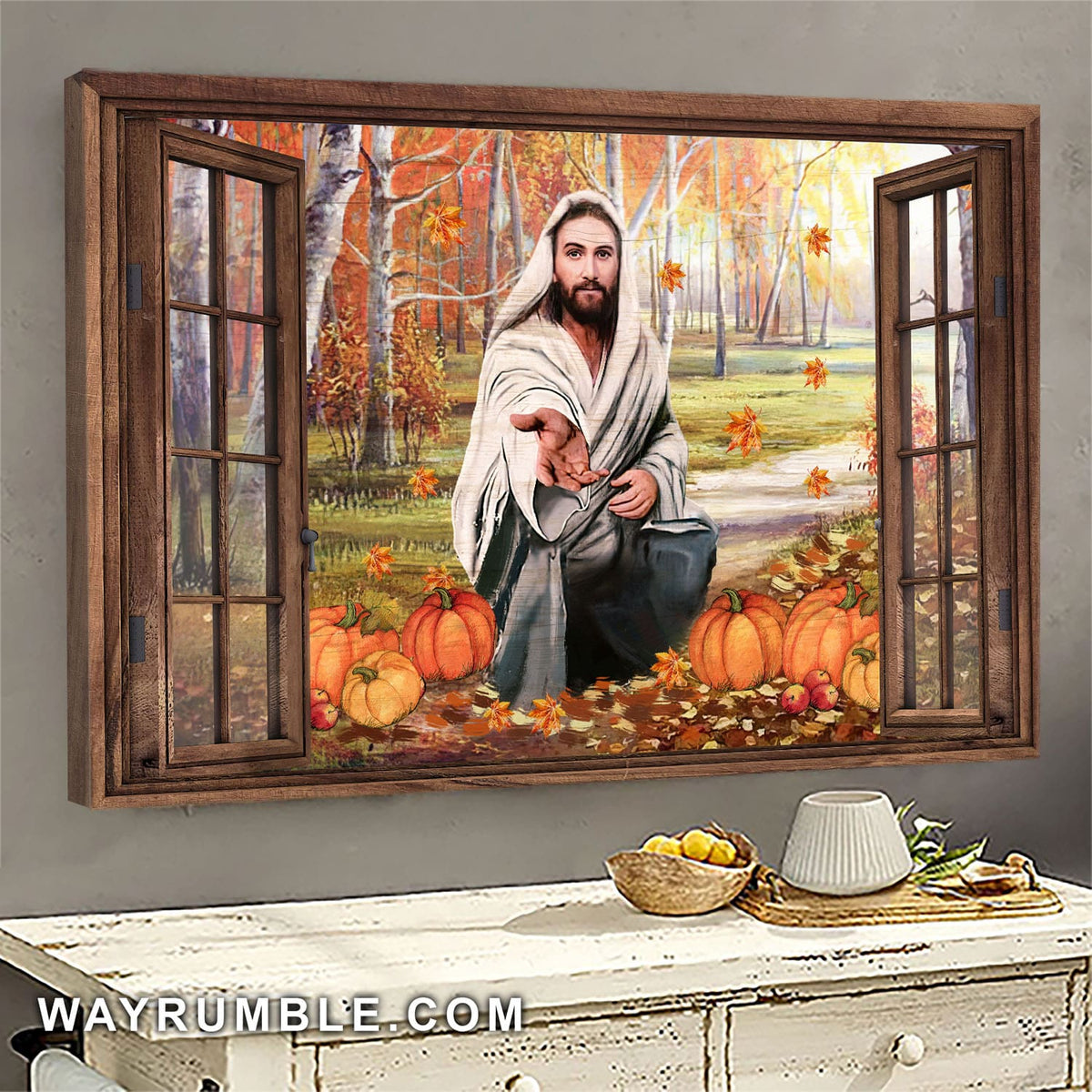 Jesus painting, Autumn drawing, Orange pumpkin - Jesus Landscape Canvas Prints, Wall Art