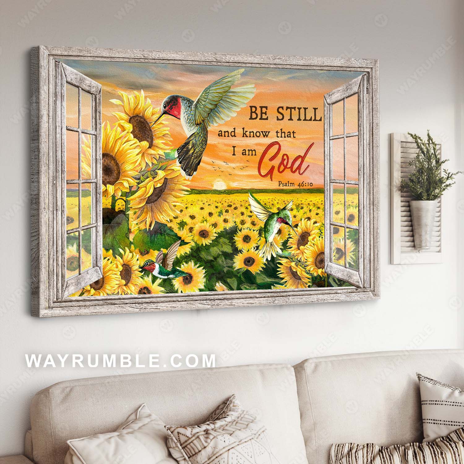 Sunflower field, Hummingbird, Sunset painting, Be still and know that I am God - Jesus Landscape Canvas Prints, Wall Art