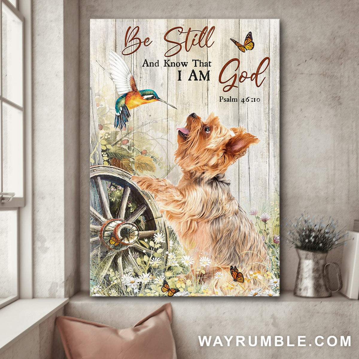 Yorkshire Terrier, Hummingbird, Flower field, Be still and know that I am God - Jesus Portrait Canvas Prints, Wall Art