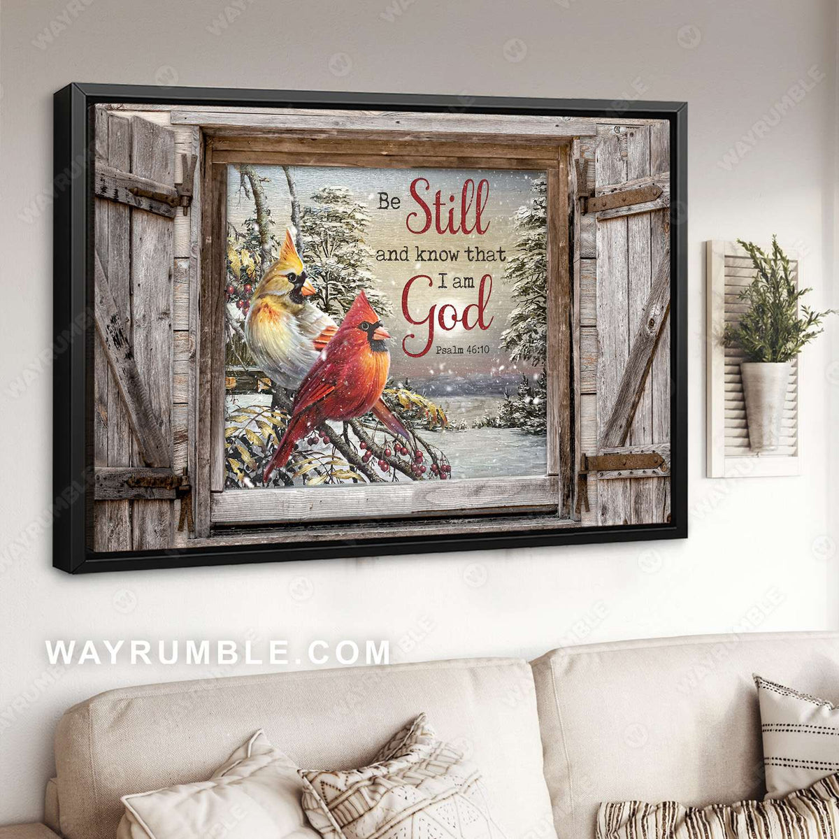 Cardinal couple, Winter forest, Be still and know that I am God - Jesus Landscape Canvas Prints, Christian Wall Art