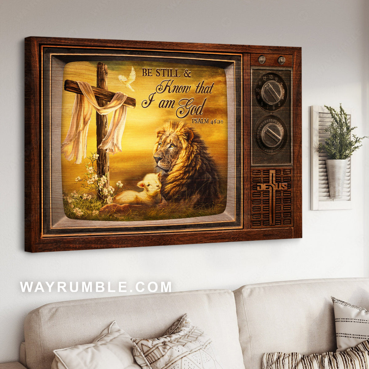 Vintage television, Peaceful time, Lion of Judah, Lamb of God, Be still and know that I am God - Jesus Landscape Canvas Prints, Christian Wall Art