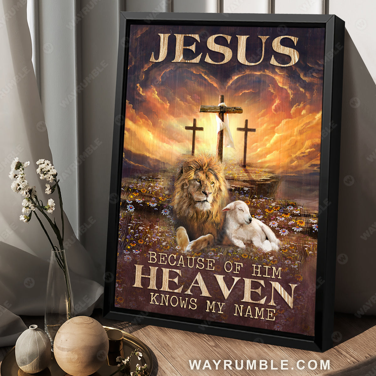 Lion of Judah, Lamb of God, Sunset painting, Because of him Heaven knows my name - Jesus Portrait Canvas Prints, Christian Wall Art