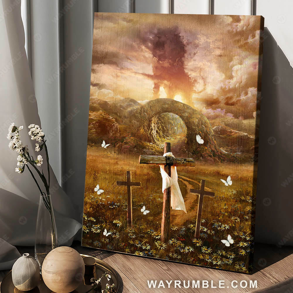 Lion of Judah, The wooden cross, Mountain landscape, The beautiful cave painting - Jesus Portrait Canvas Prints, Christian Wall Art