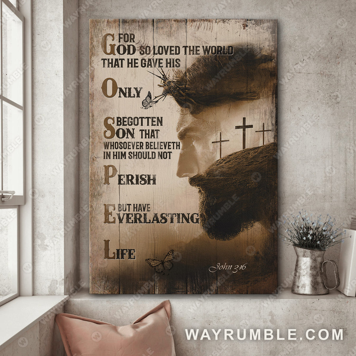 Jesus profile, The crosses, Gospel, For God so loved the world - Jesus Portrait Canvas Prints, Wall Art